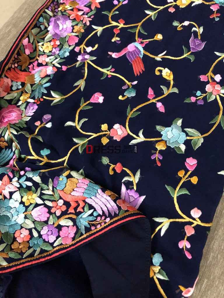 Navy Parsi Gara Hand Embroidered Saree