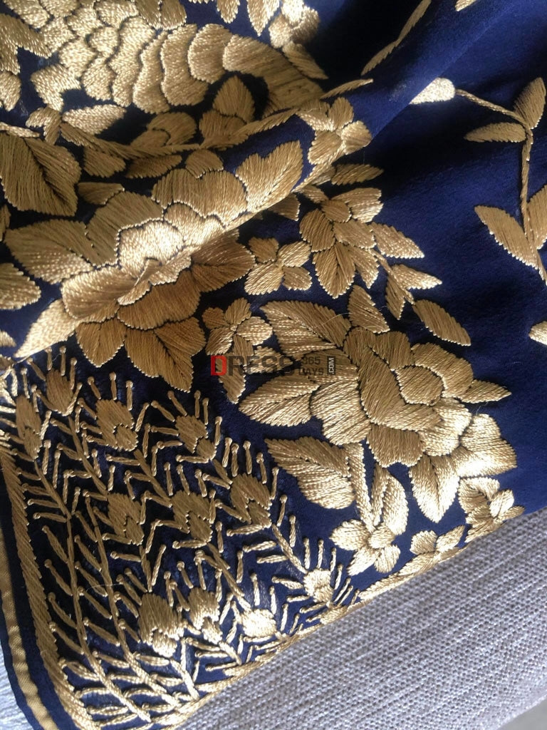 Navy Parsi Gara Saree With Gold Embroidery