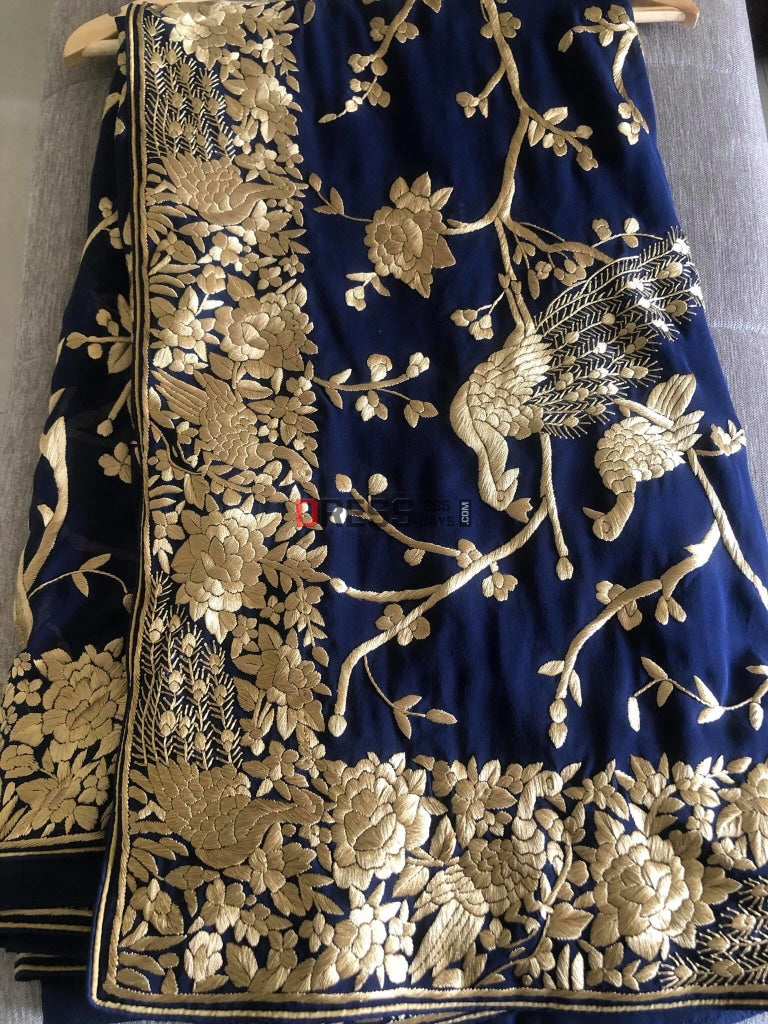 Navy Parsi Gara Saree With Gold Embroidery