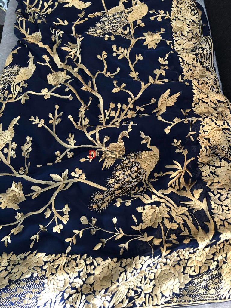 Navy Parsi Gara Saree With Gold Embroidery