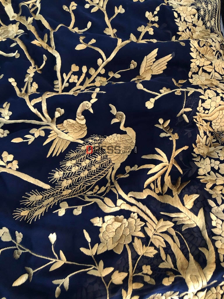Navy Parsi Gara Saree With Gold Embroidery