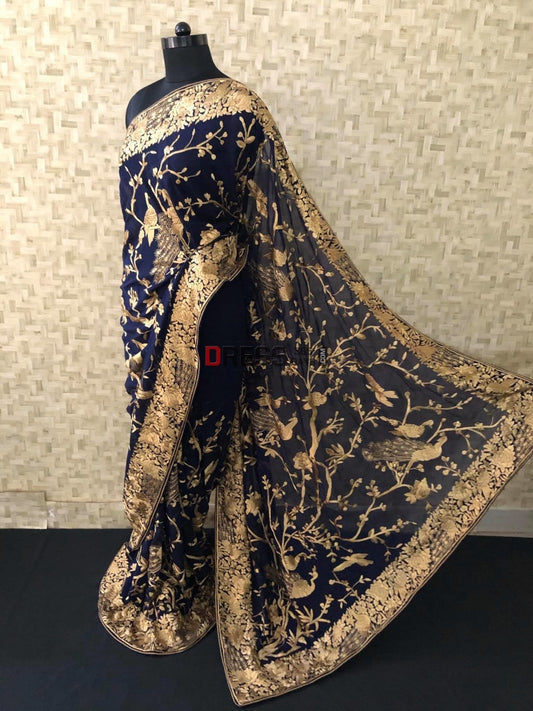 Navy Parsi Gara Saree With Gold Embroidery