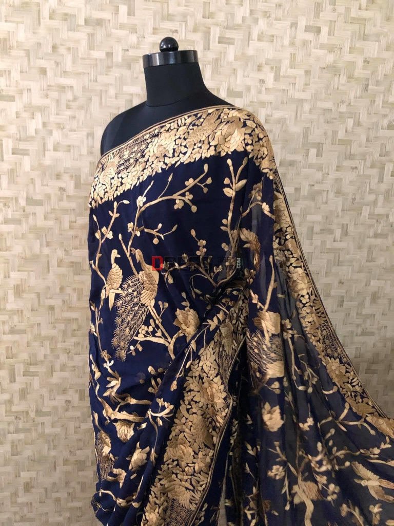 Navy Parsi Gara Saree With Gold Embroidery
