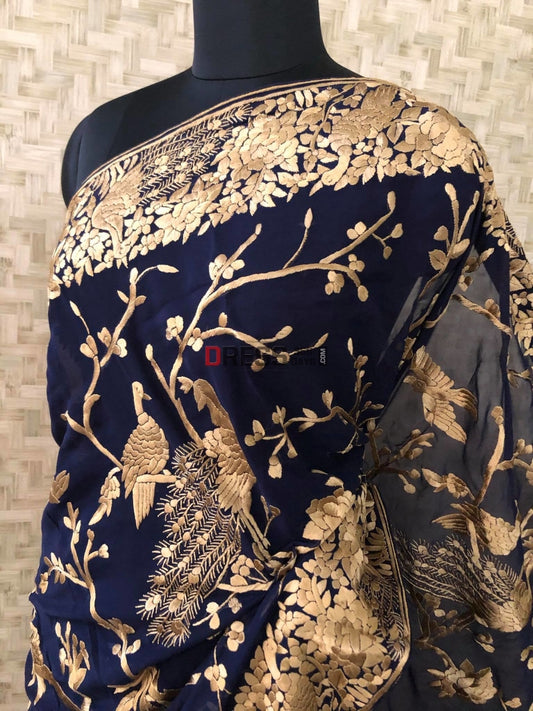 Navy Parsi Gara Saree With Gold Embroidery