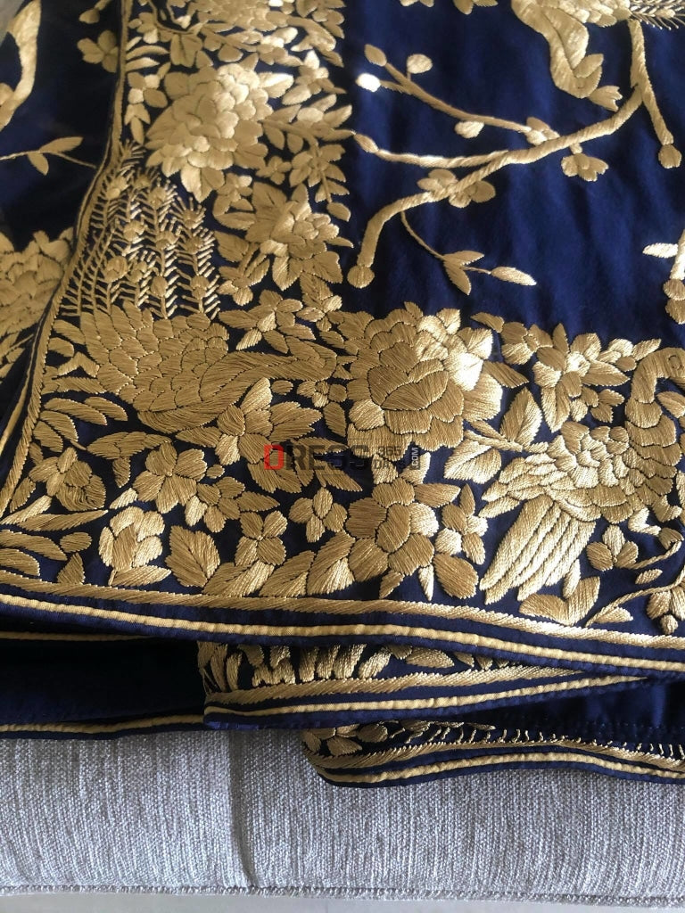 Navy Parsi Gara Saree With Gold Embroidery