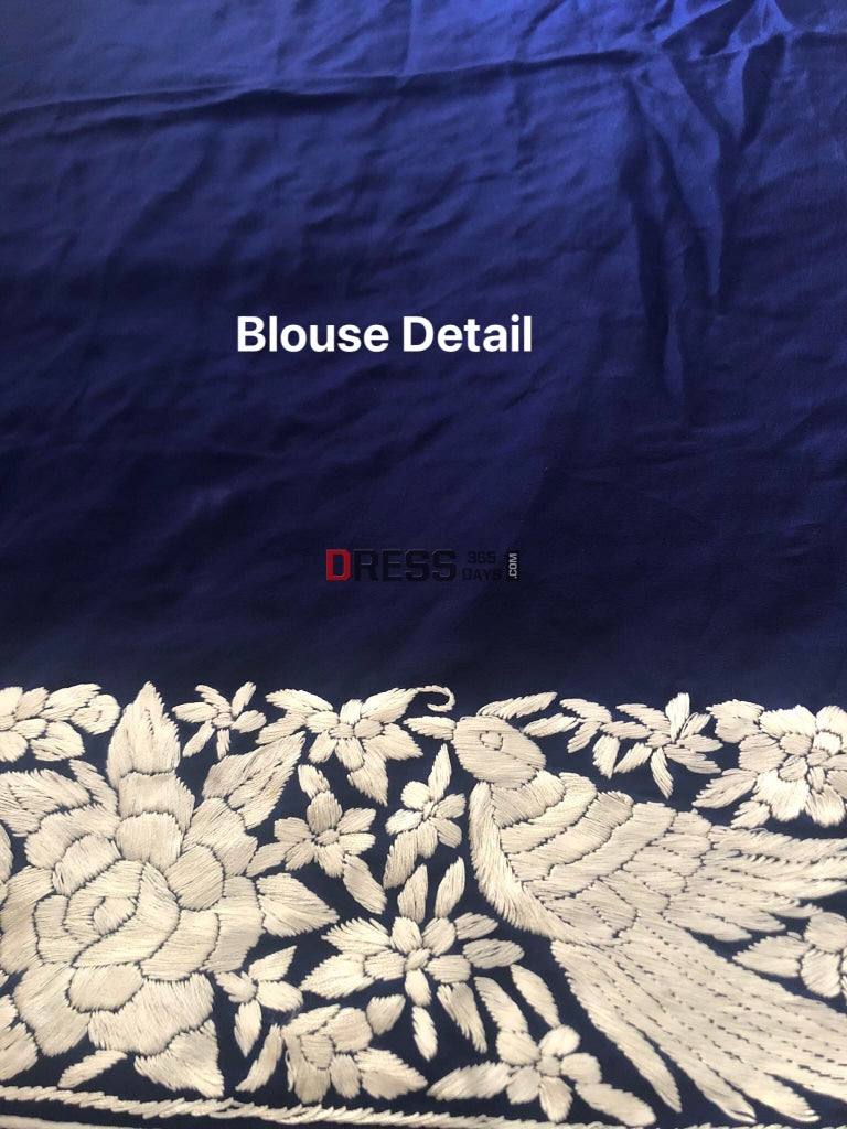 Navy Parsi Gara Saree With Ivory Embroidery- Crepe Silk