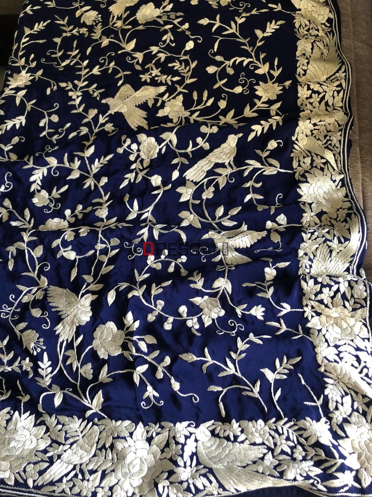 Navy Parsi Gara Saree With Ivory Embroidery- Crepe Silk
