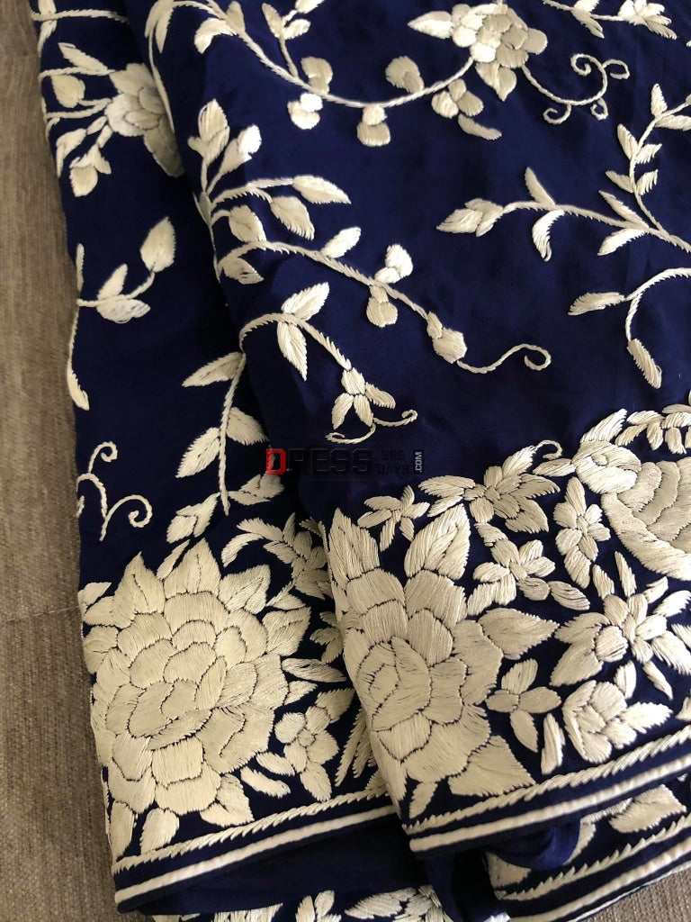Navy Parsi Gara Saree With Ivory Embroidery- Crepe Silk