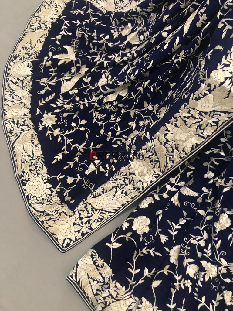 Navy Parsi Gara Saree With Ivory Embroidery- Crepe Silk