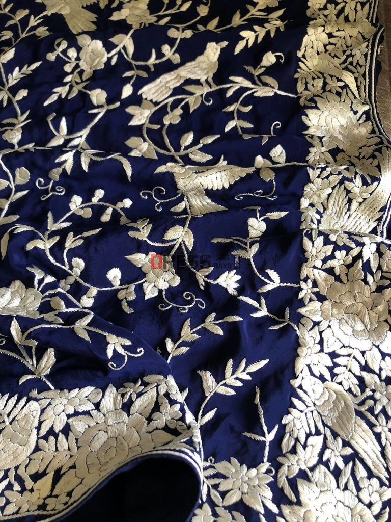 Navy Parsi Gara Saree With Ivory Embroidery- Crepe Silk
