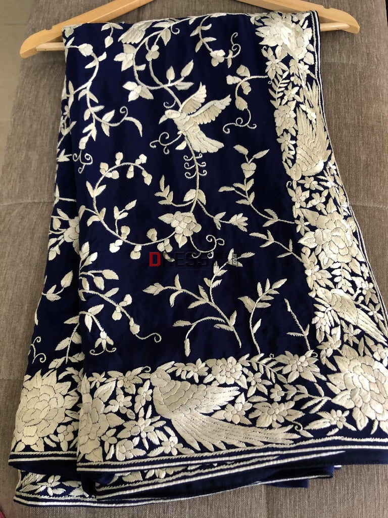 Navy Parsi Gara Saree With Ivory Embroidery- Crepe Silk