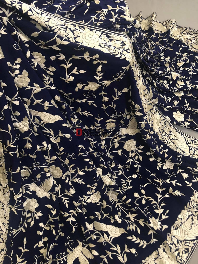 Navy Parsi Gara Saree With Ivory Embroidery- Crepe Silk