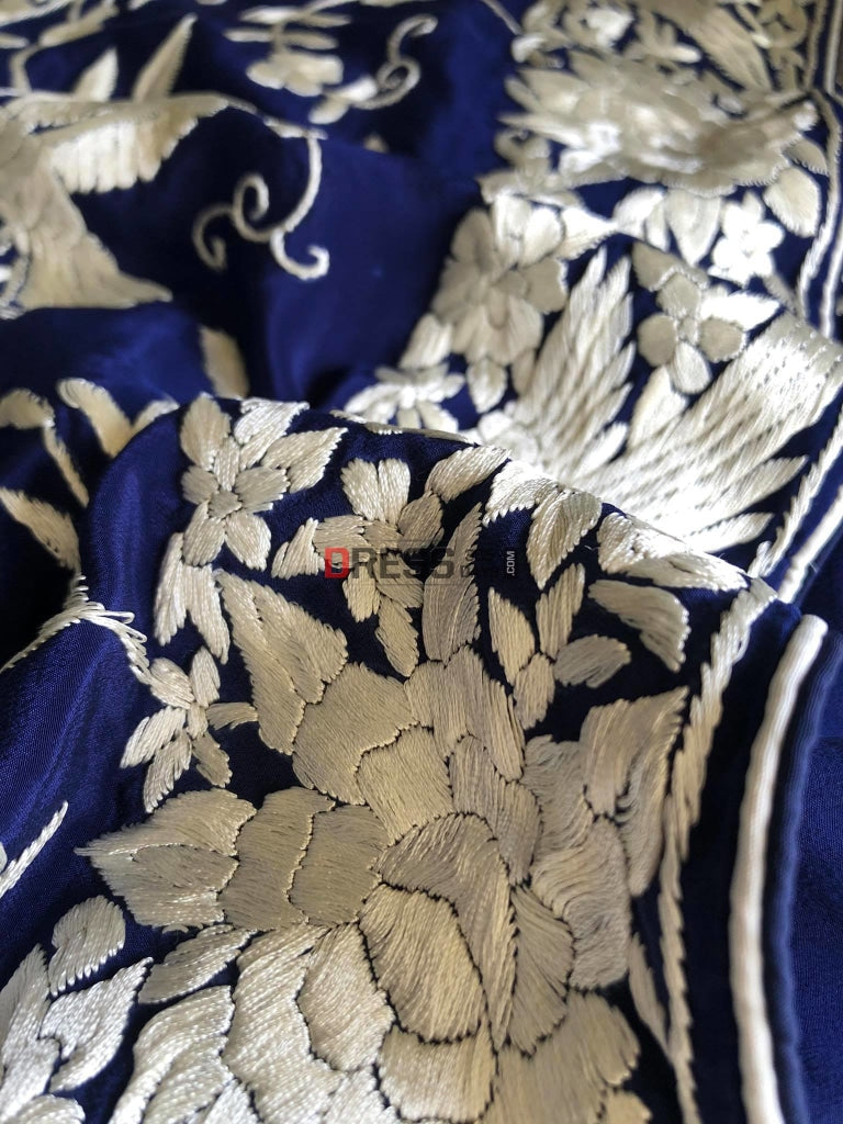 Navy Parsi Gara Saree With Ivory Embroidery- Crepe Silk