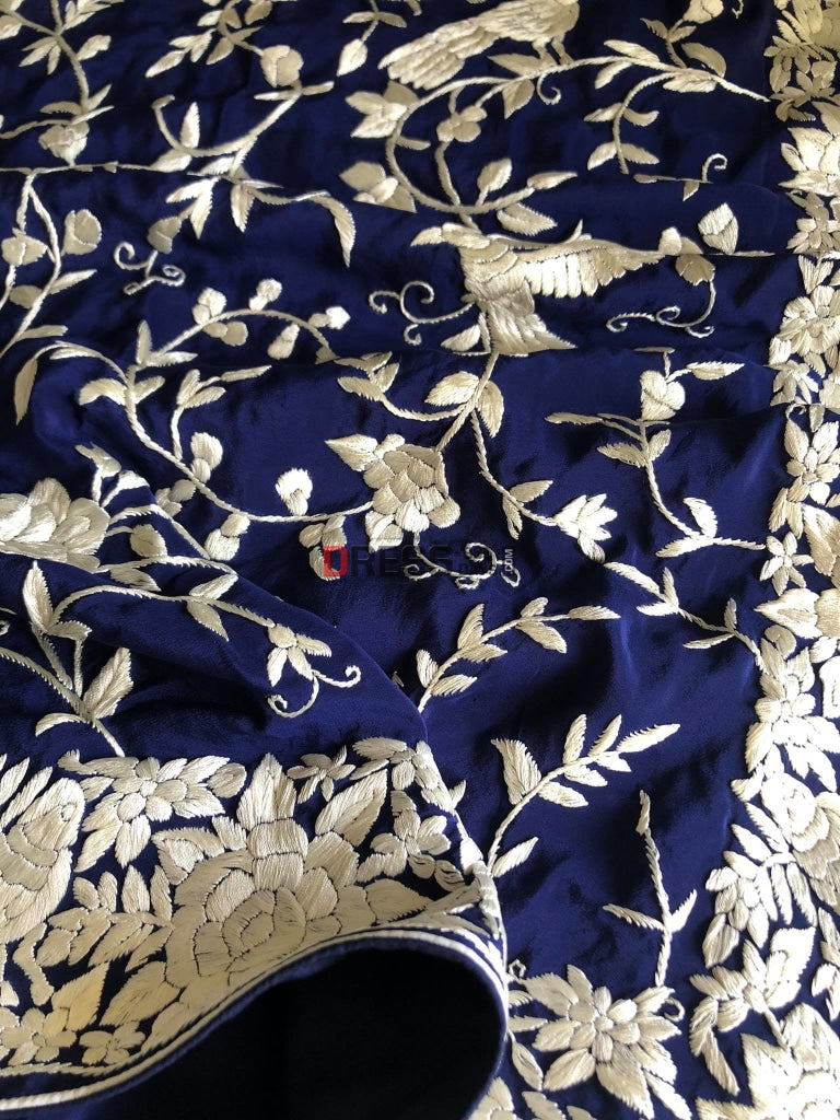 Navy Parsi Gara Saree With Ivory Embroidery- Crepe Silk