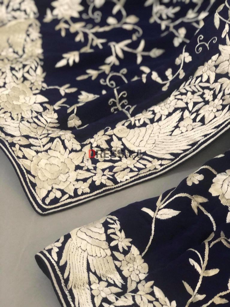 Navy Parsi Gara Saree With Ivory Embroidery- Crepe Silk