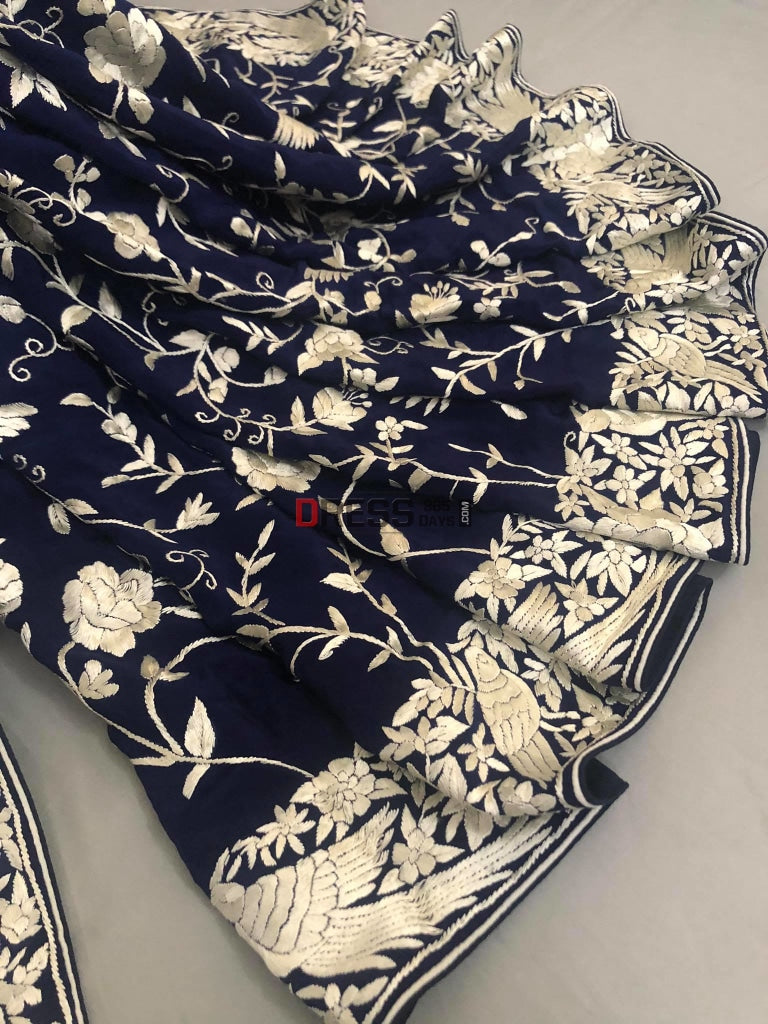 Navy Parsi Gara Saree With Ivory Embroidery- Crepe Silk
