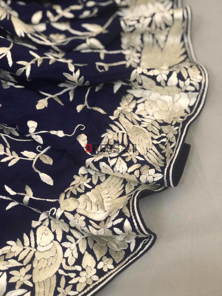 Navy Parsi Gara Saree With Ivory Embroidery- Crepe Silk