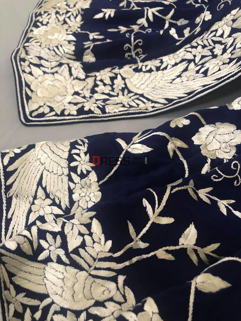 Navy Parsi Gara Saree With Ivory Embroidery- Crepe Silk