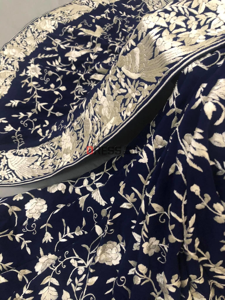Navy Parsi Gara Saree With Ivory Embroidery- Crepe Silk