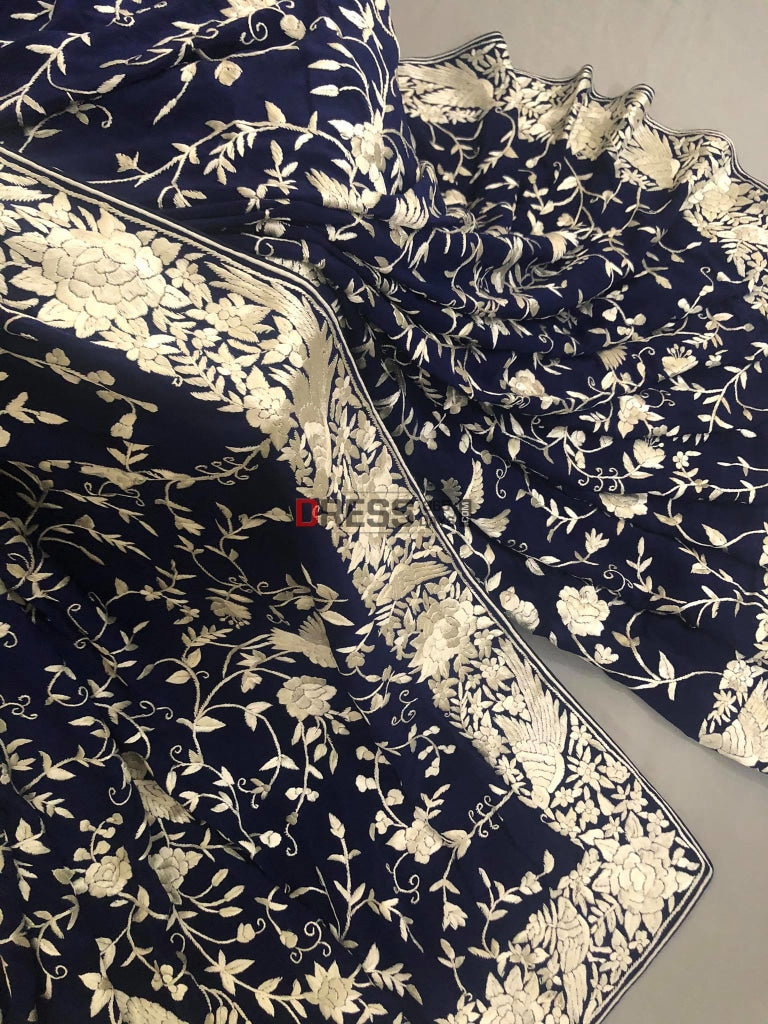 Navy Parsi Gara Saree With Ivory Embroidery- Crepe Silk