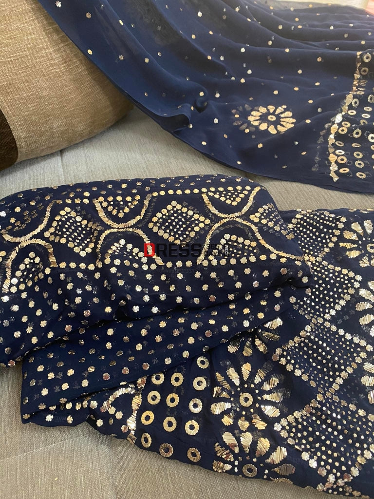 Navy Pure Georgette Golden Kamdani Anarkali