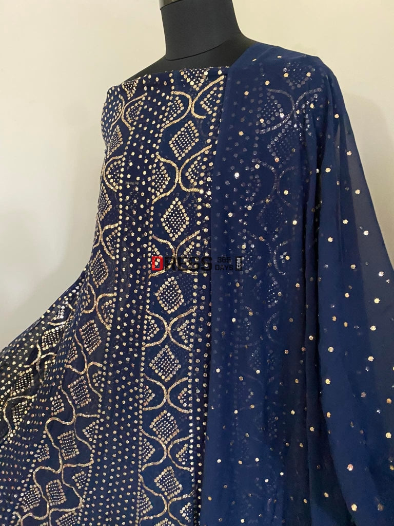 Navy Pure Georgette Golden Kamdani Anarkali