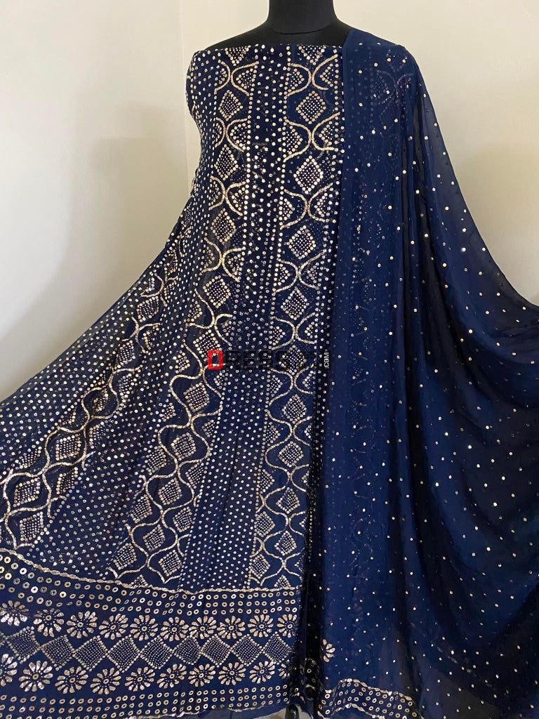 Navy Pure Georgette Golden Kamdani Anarkali