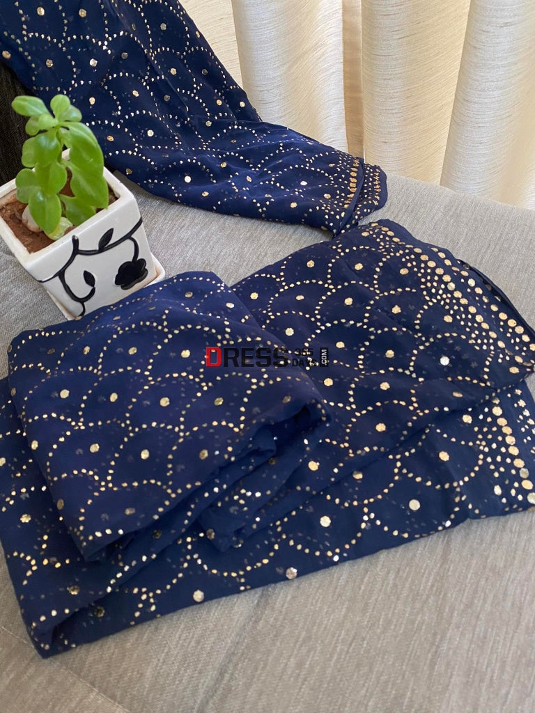 Navy Pure Georgette Mukaish Dupatta Chikankari