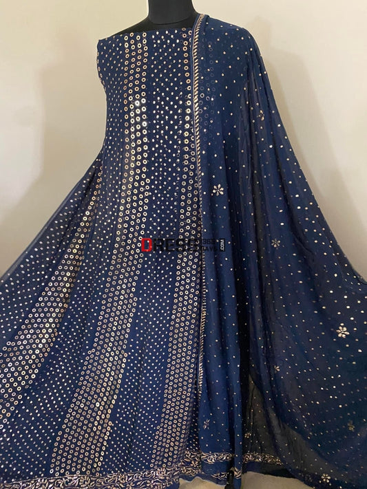 Navy Ring Mukaish Anarkali Suit Chikankari