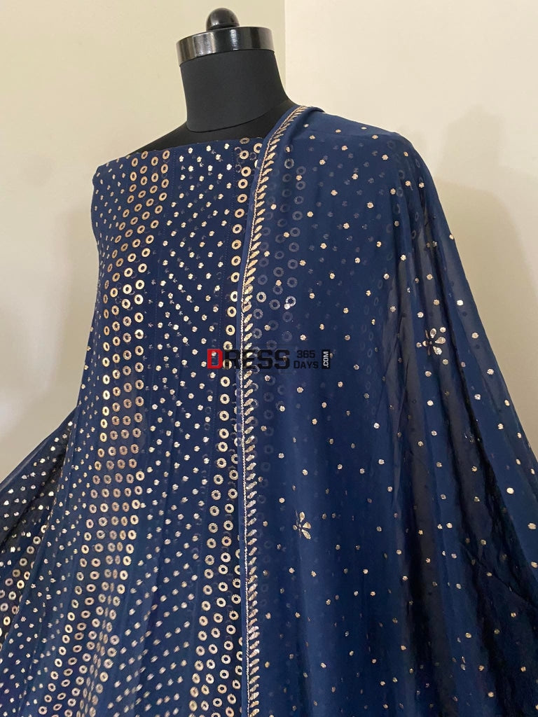 Navy Ring Mukaish Anarkali Suit Chikankari