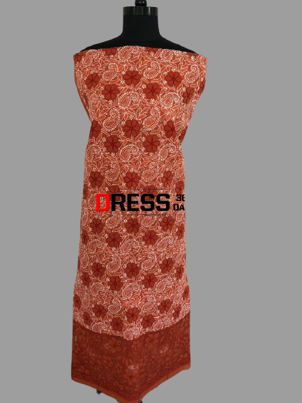 Terracotta Net Daaman Cotton Chikankari Kurti Fabric - Dress365days