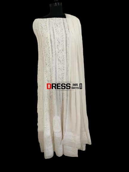 Ivory Pure Georgette Lucknowi Anarkali Suit - Dress365days
