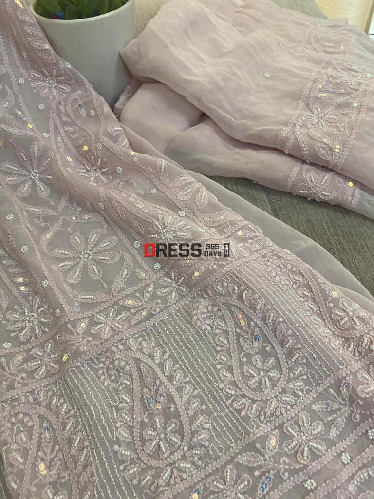 Old Rose Pink Chikankari & Pearl Kurta Dupatta Set Suits