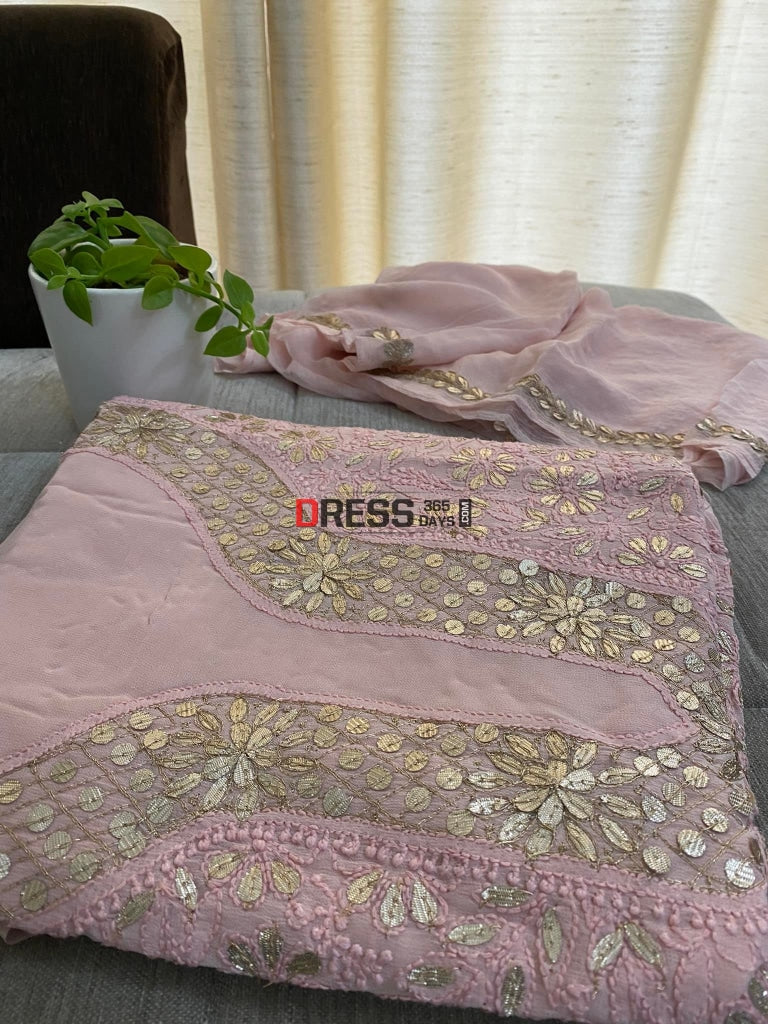 Old Rose Pink Gota Patti Neckline Chikankari Kurta Dupatta Suits