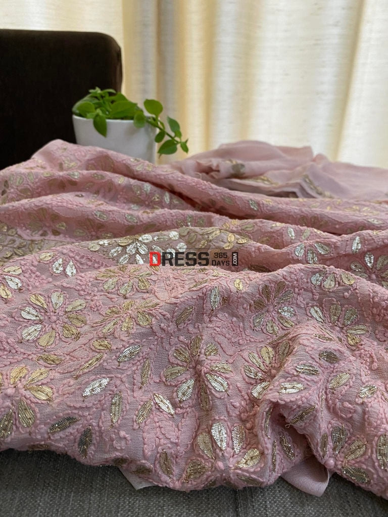 Old Rose Pink Gota Patti Neckline Chikankari Kurta Dupatta Suits