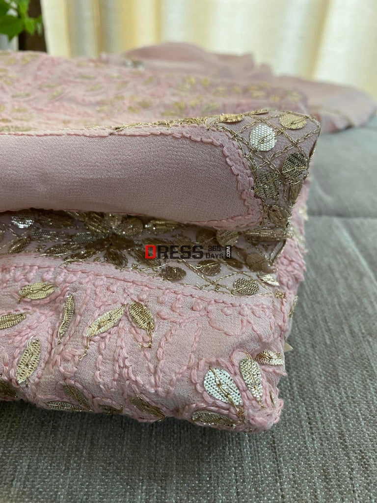 Old Rose Pink Gota Patti Neckline Chikankari Kurta Dupatta Suits