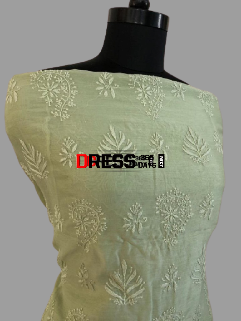 Olive Green Chanderi Chikan Work Suit (Kurta And Dupatta) Chikankari Suits
