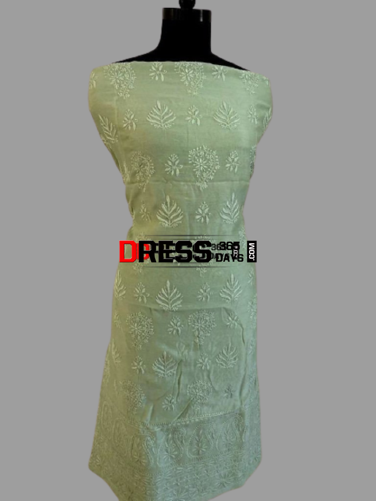 Olive Green Chanderi Chikan Work Suit (Kurta And Dupatta) Chikankari Suits