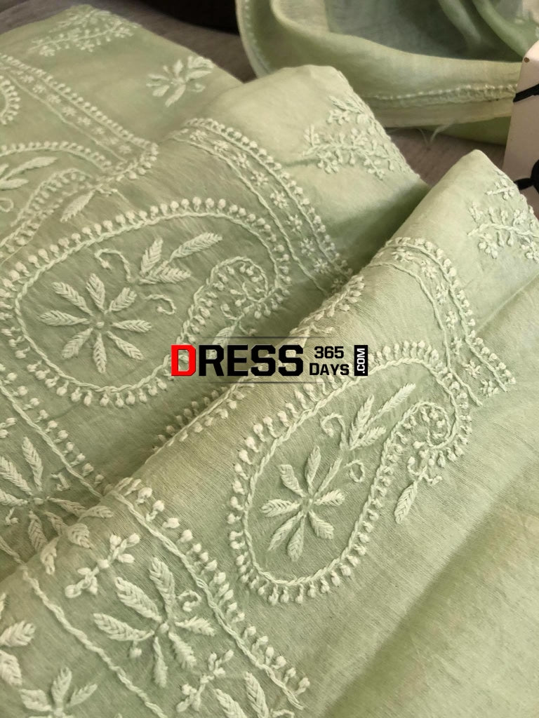 Olive Green Chanderi Chikan Work Suit (Kurta And Dupatta) Chikankari Suits