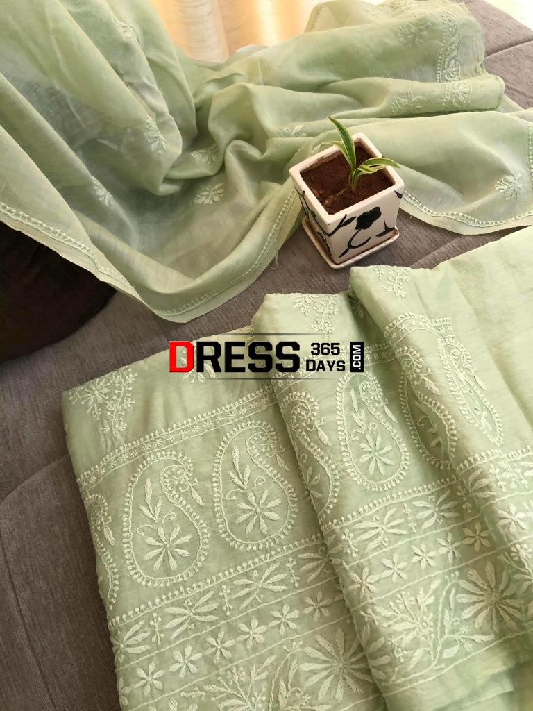 Olive Green Chanderi Chikan Work Suit (Kurta And Dupatta) Chikankari Suits
