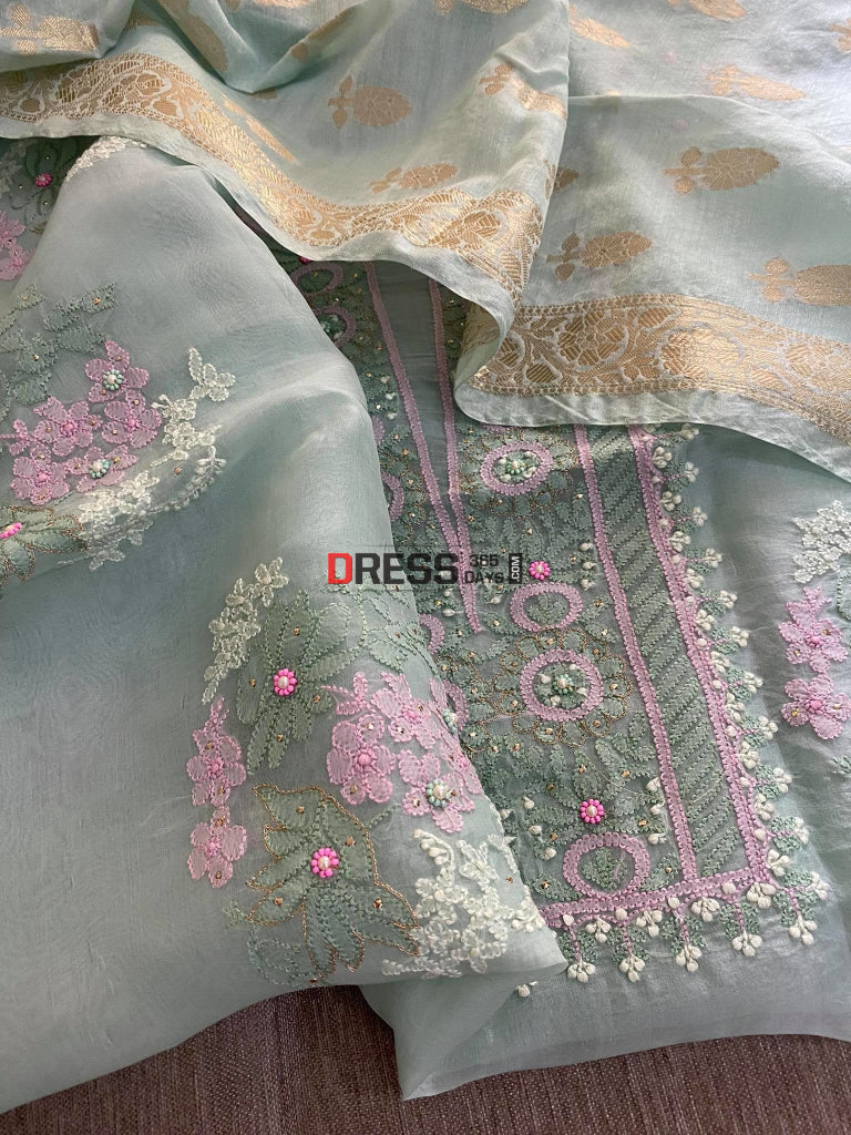 Olive Green Organza Banarasi Dupatta Kurta Chikankari Suits