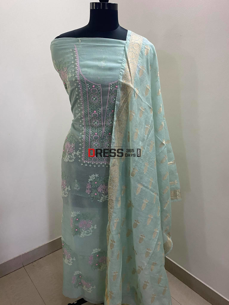 Olive Green Organza Banarasi Dupatta Kurta Chikankari Suits