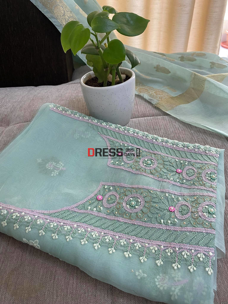 Olive Green Organza Banarasi Dupatta Kurta Chikankari Suits