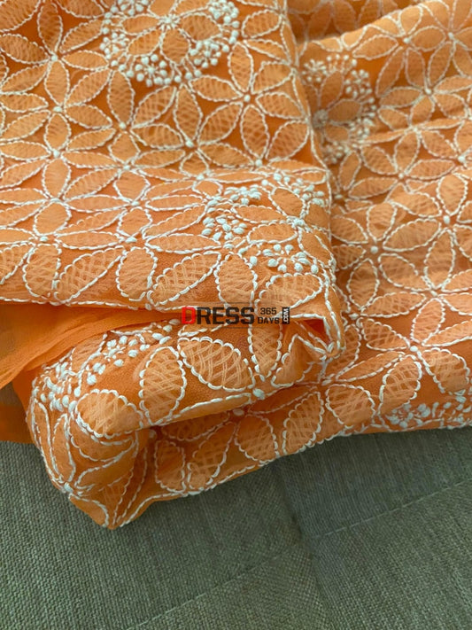 Orange Georgette Chikankari Kurti Fabric (Only Kurti)
