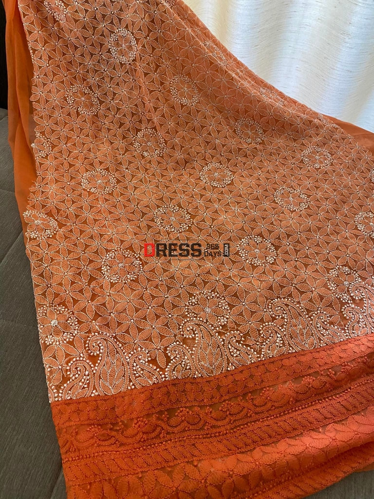 Orange Georgette Chikankari Kurti Fabric (Only Kurti)