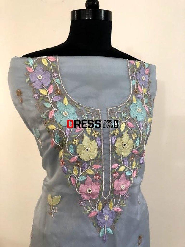 Organza Beads And Chikankari Kurti Fabric