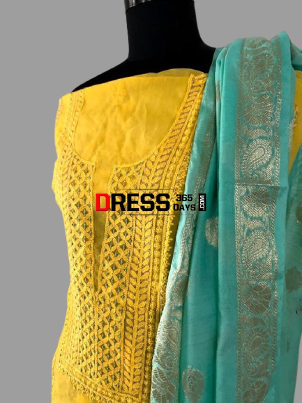 Organza Chikankari Beads Aari Zari Suit - Dress365days
