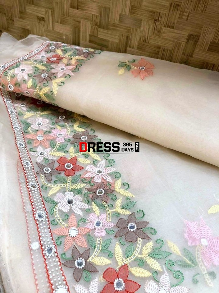 Organza Chikankari Suit With Beads Work (Kurta And Dupatta) Suits