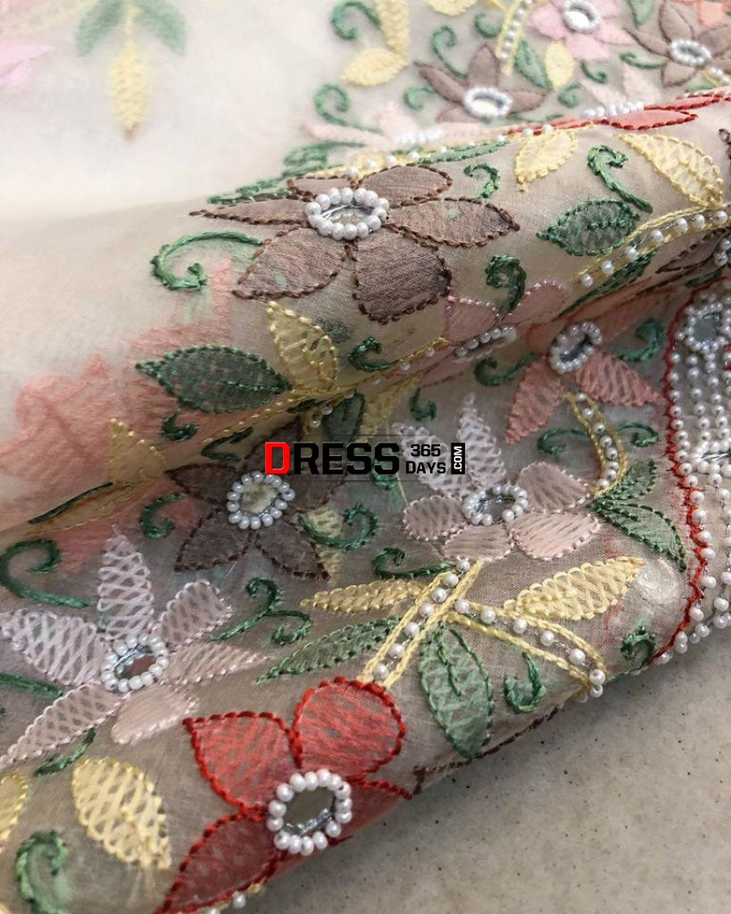 Organza Chikankari Suit With Beads Work (Kurta And Dupatta) Suits