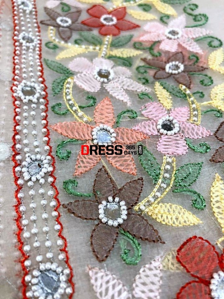 Organza Chikankari Suit With Beads Work (Kurta And Dupatta) Suits